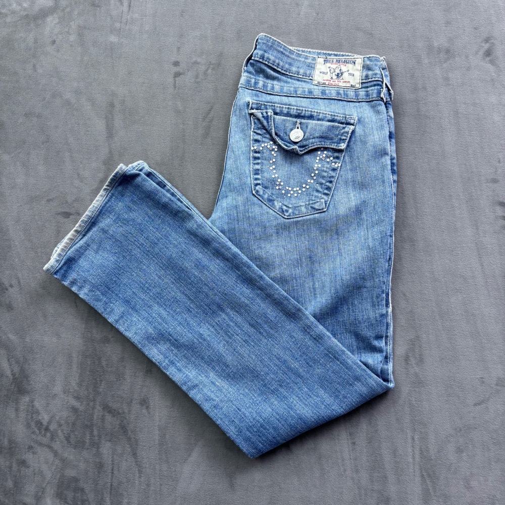 True Religion Straight Leg Rhinestone Horseshoe Jeans Medium Wash Made in USA 31